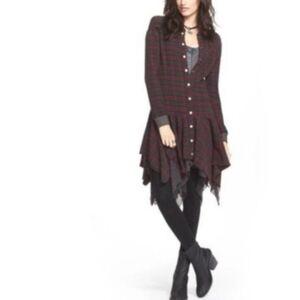 Free People Oversized Tattered Hem Plaid Shirt Dress Or Duster Xs